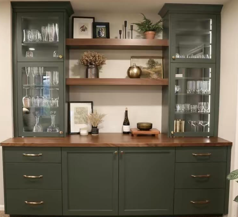 photo of a custom dry bar created by Sean's cabinetry, painted in Forestwood SW 7730