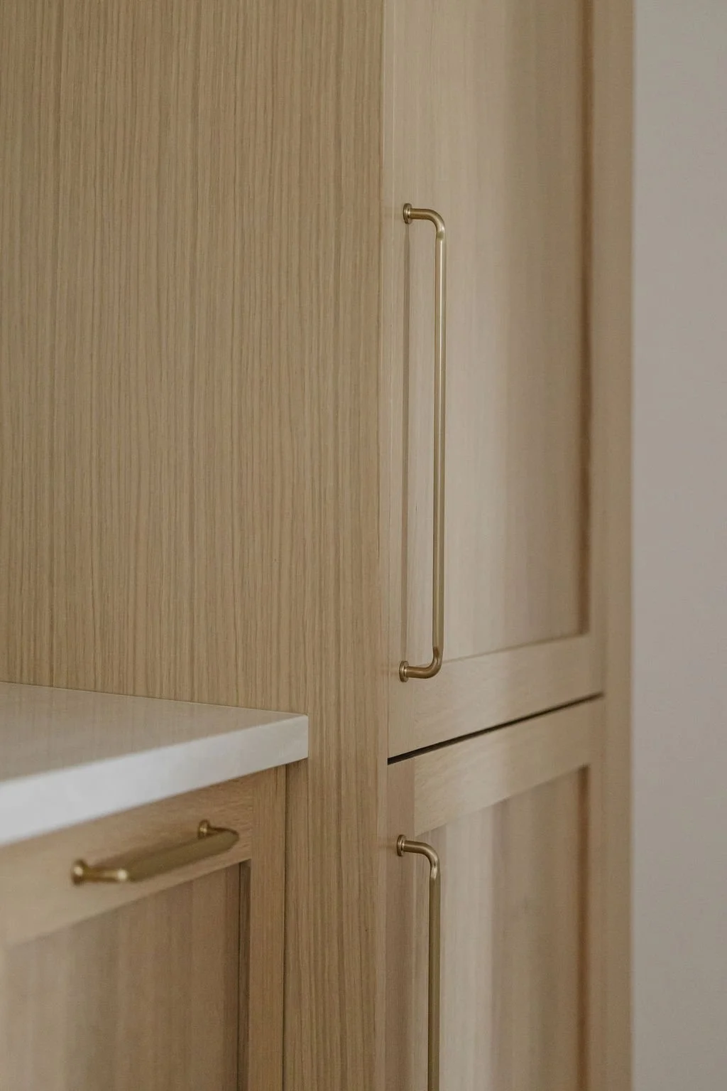 Minimalist wood cabinet detail highlighting warm grain texture and brushed brass hardware.
