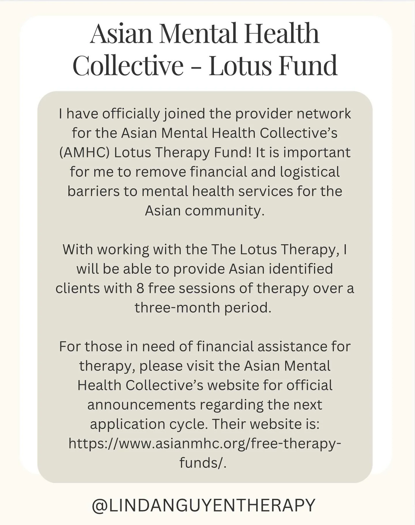 I have officially joined the provider network for the Asian Mental Health Collective&rsquo;s (AMHC) Lotus Therapy Fund! It is important for me to remove financial and logistical barriers to mental health services for the Asian community.

With workin