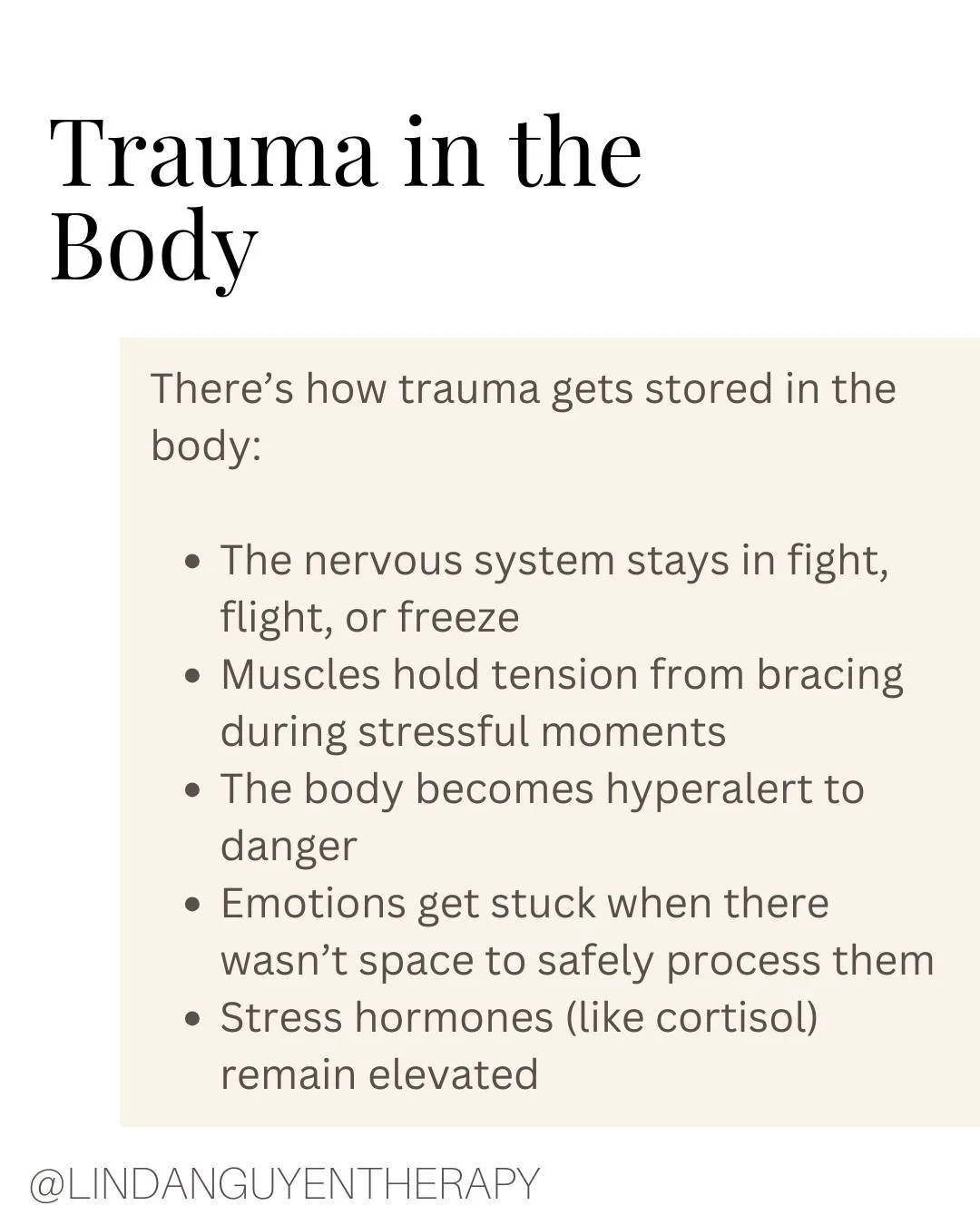 Trauma isn&rsquo;t just something that lives in your memories - it often settles into the body.
Here&rsquo;s how trauma gets stored in the body:

&bull; The nervous system stays in fight, flight, or freeze
&bull; Muscles hold tension from bracing dur