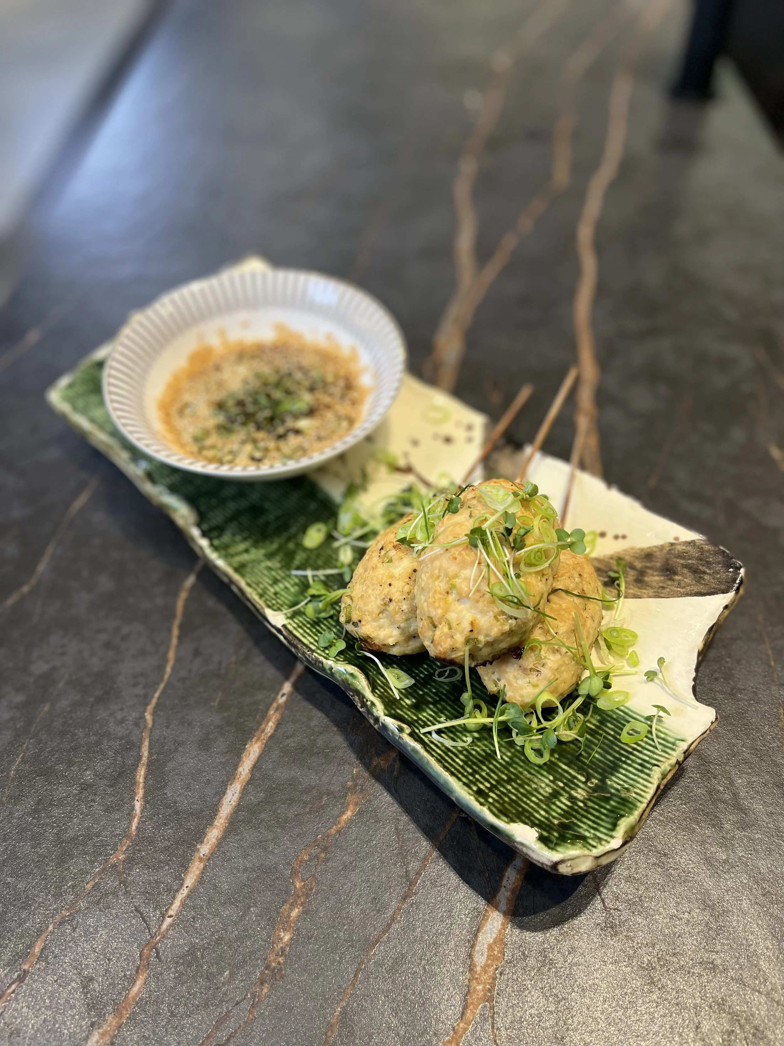 Chicken Tsukune, Onsen Egg Dipping Sauce
