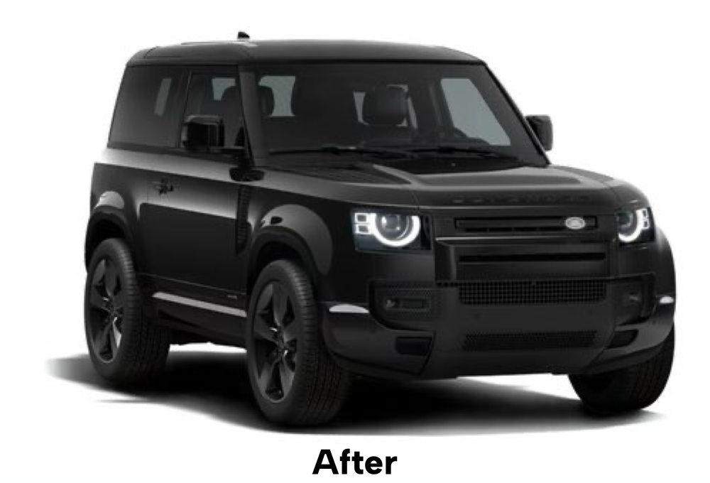 After: the same Defender with the lower bumper section in gloss black