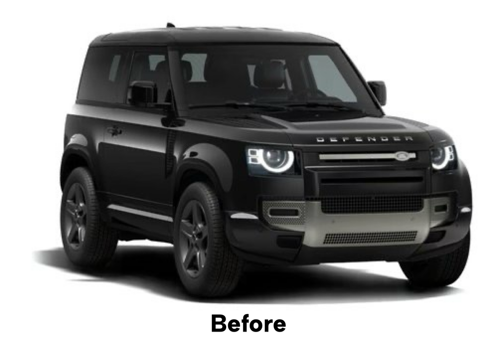 Before: Defender front three quarter with the factory silver lower bumper section