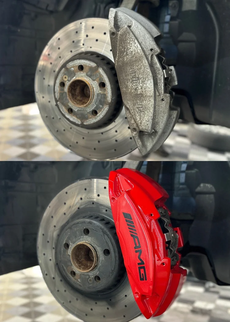 Ferrari Red caliper painting before and after
