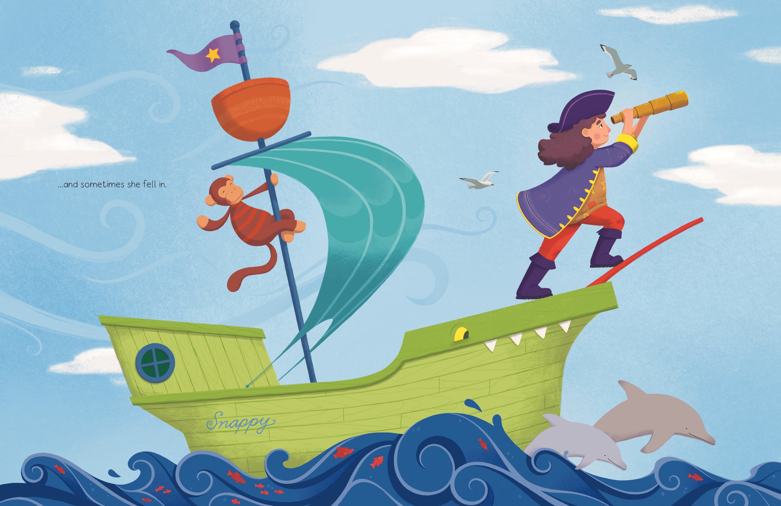 Second spread from the picture book Oh, Esme! by Kim de Haan: Esme imagining she's on a pirate ship