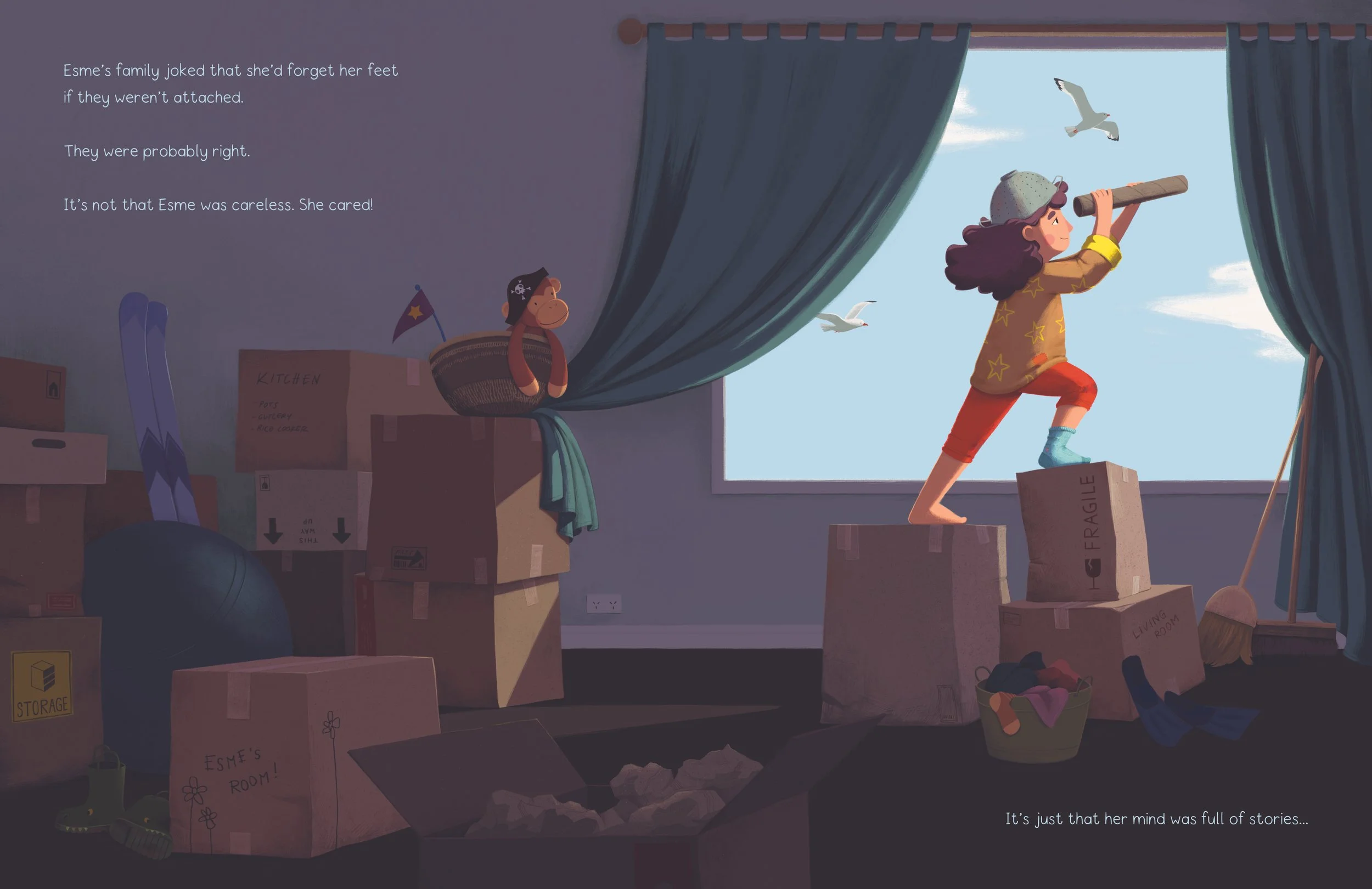 The first pages of the Oh, Esme! picture book by Kim de Haan: Esme has a vivid imagination