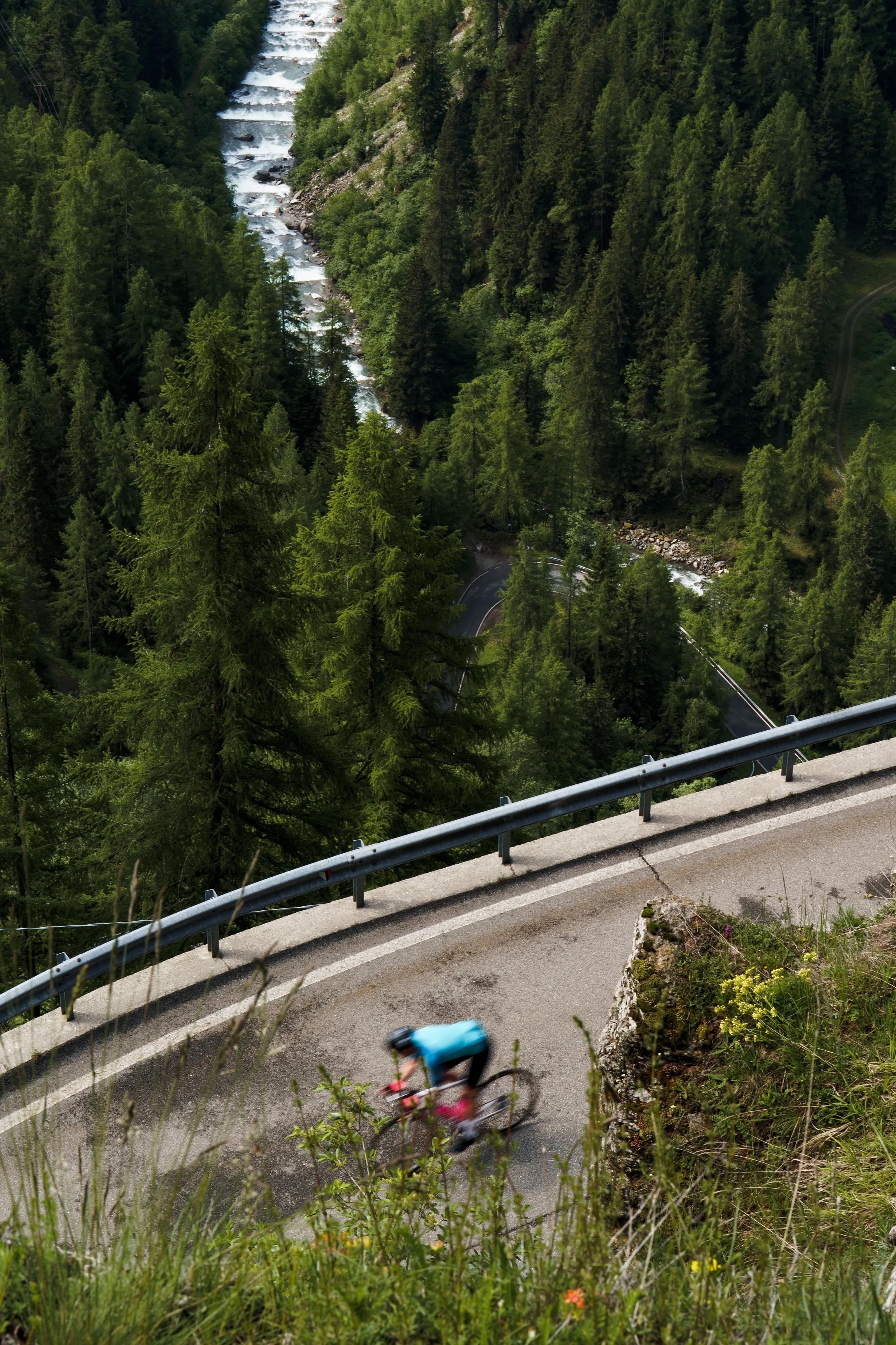 Cyclist riding on a winding mountain road surrounded by green pine trees and a rushing river below.