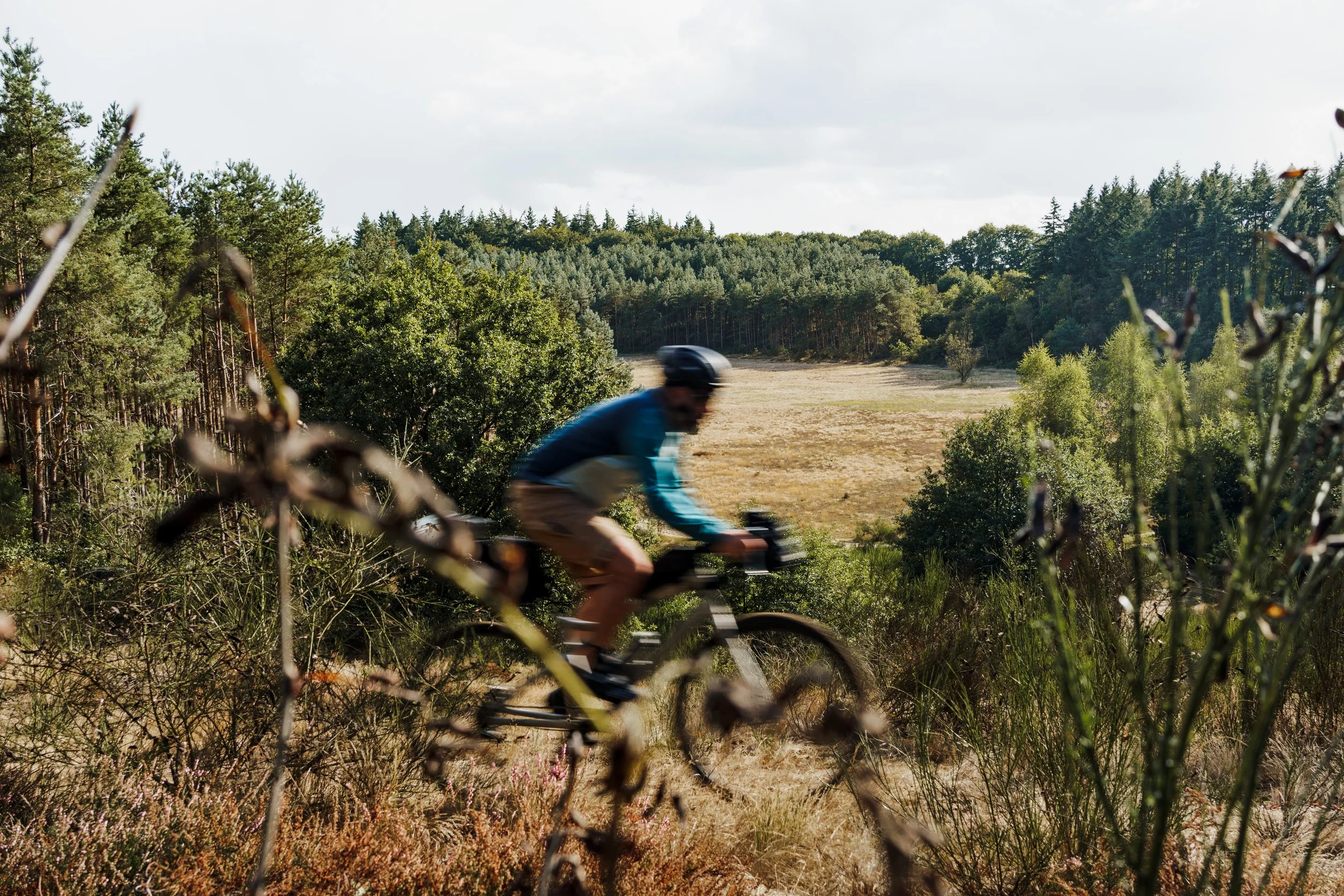 A person riding a mountain bike through a trail in a grassy and wooded area with trees in the background.