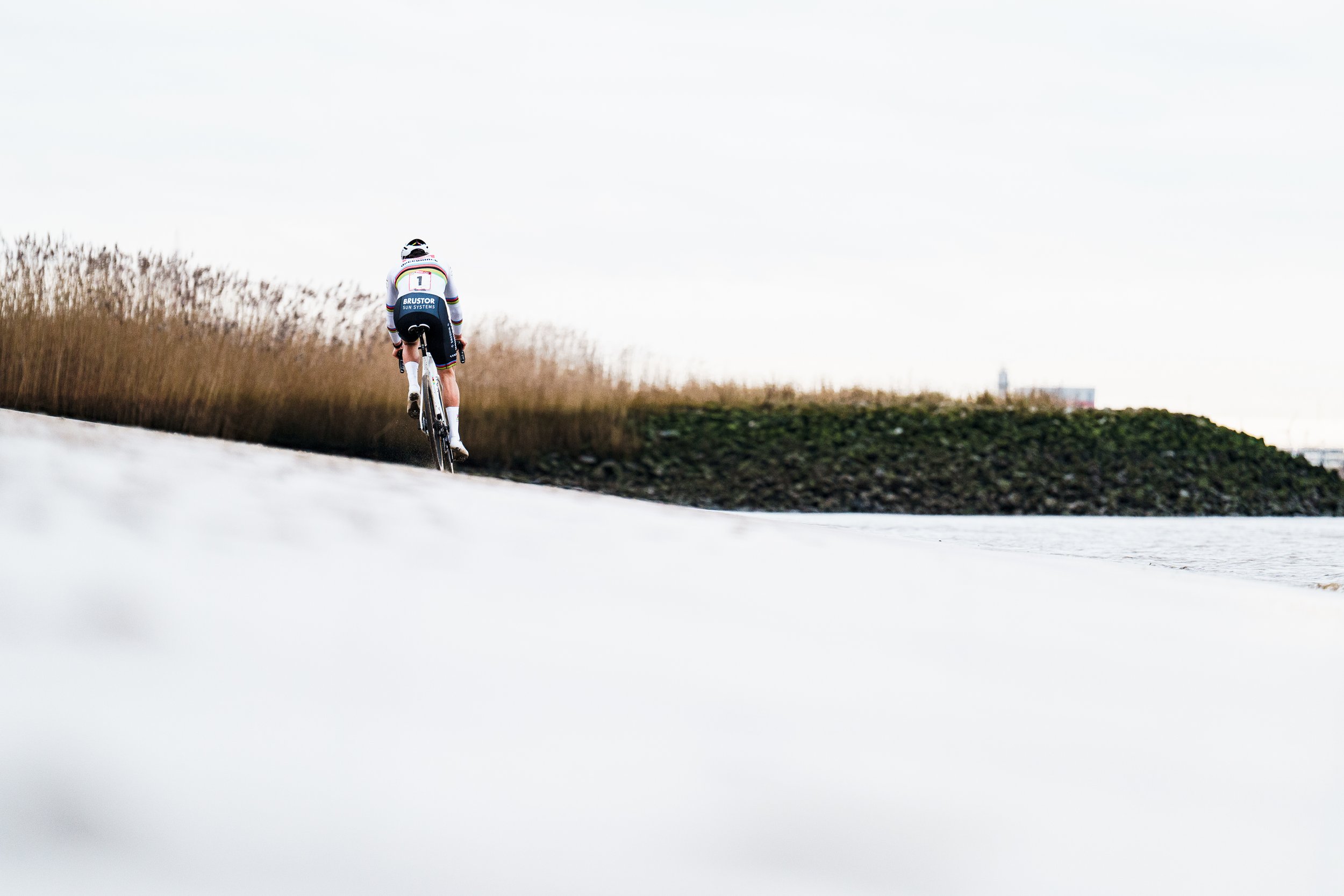 A cyclist riding on a path near water with tall grasses on the side and a hill in the background.