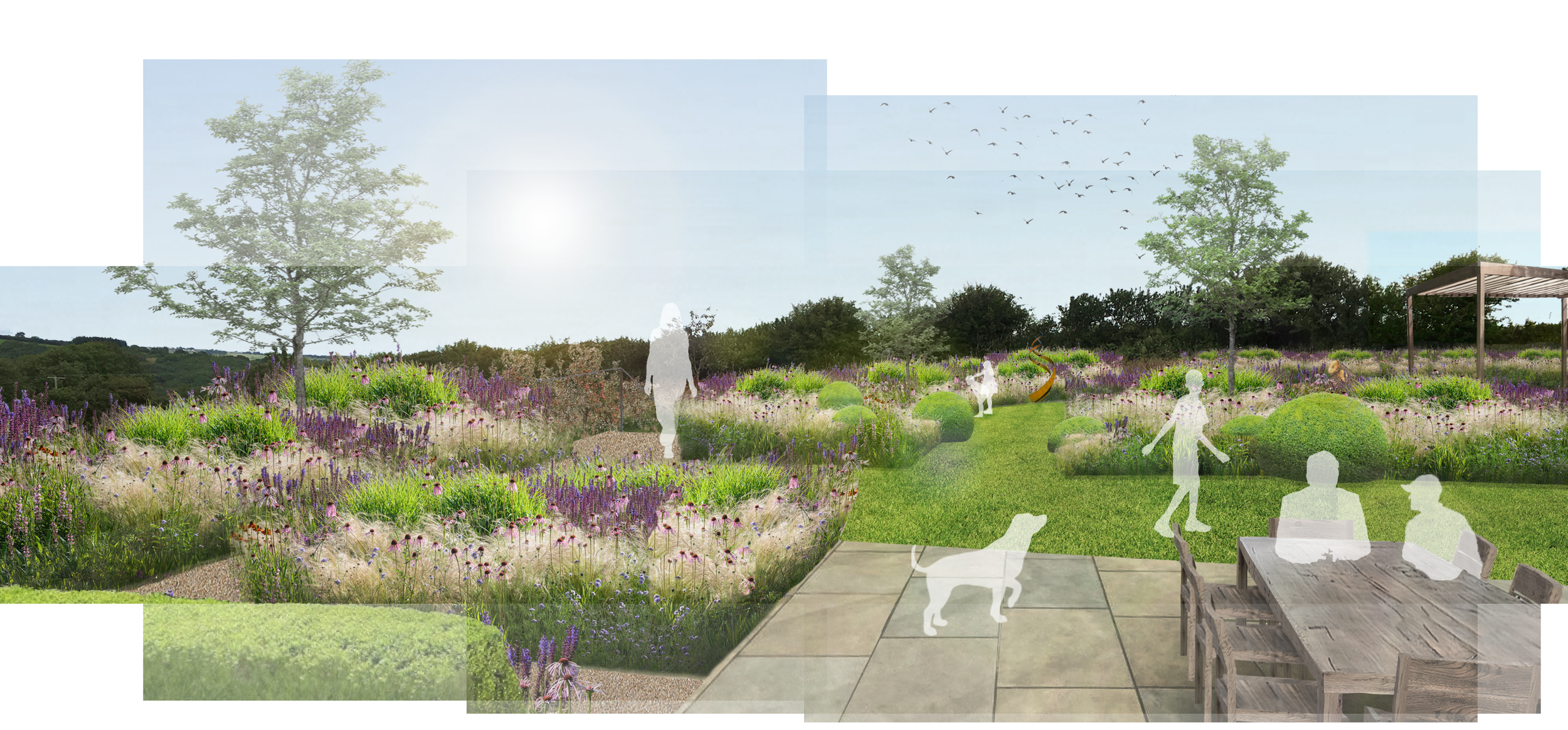 Illustration of a garden with walking paths, trees, flowering plants, a shaded seating area, and silhouettes of people and a dog enjoying the outdoor space. The background shows a landscape with a clear sky, sunlight, and birds flying.