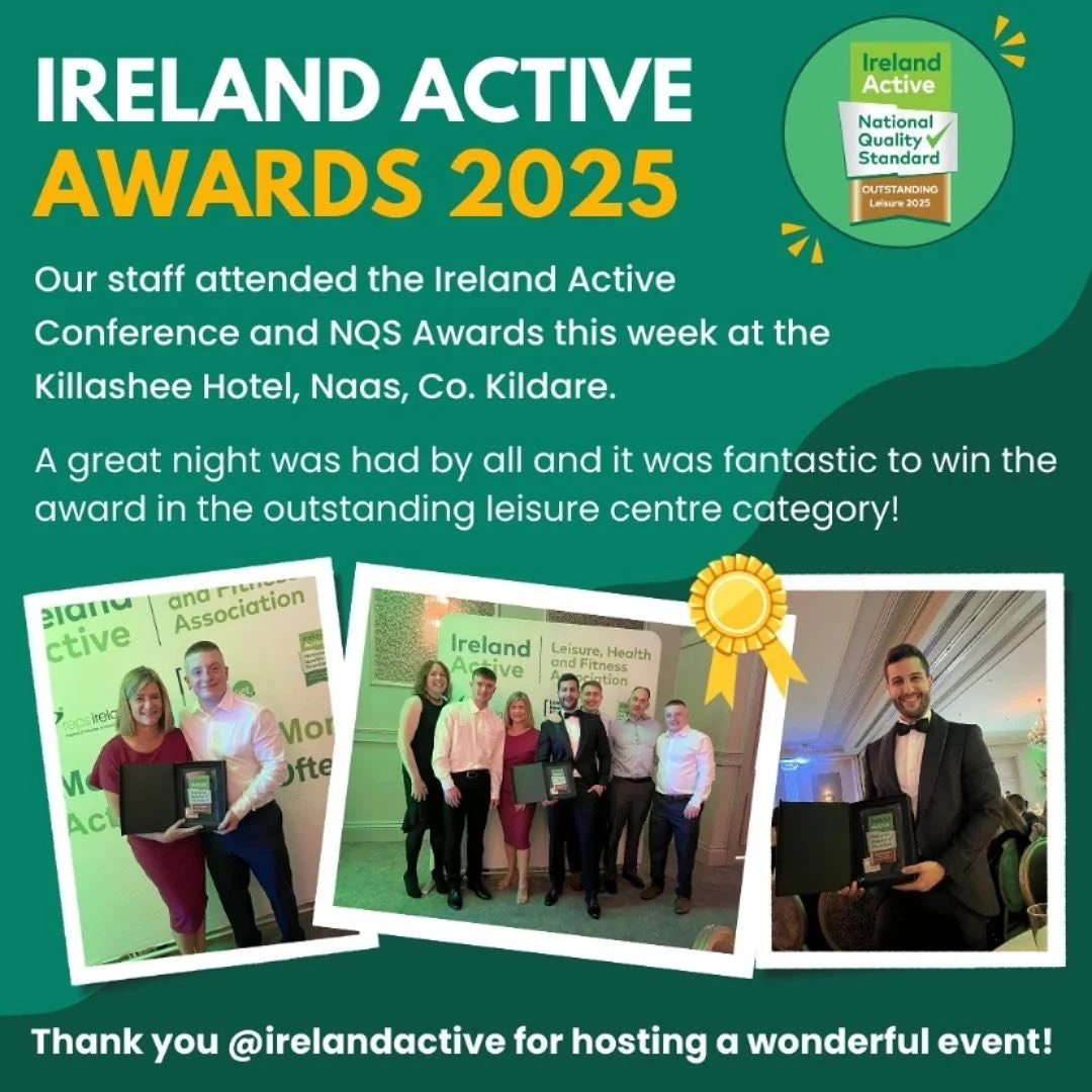 🏆 Ireland Active Awards 🏆 

Our staff attended the Ireland Active Conference and NQS Awards on Friday at the Killashee Hotel in Kildare!

We were delighted to win an award in the outstanding leisure category!

Thank you @irelandactive for a fantast