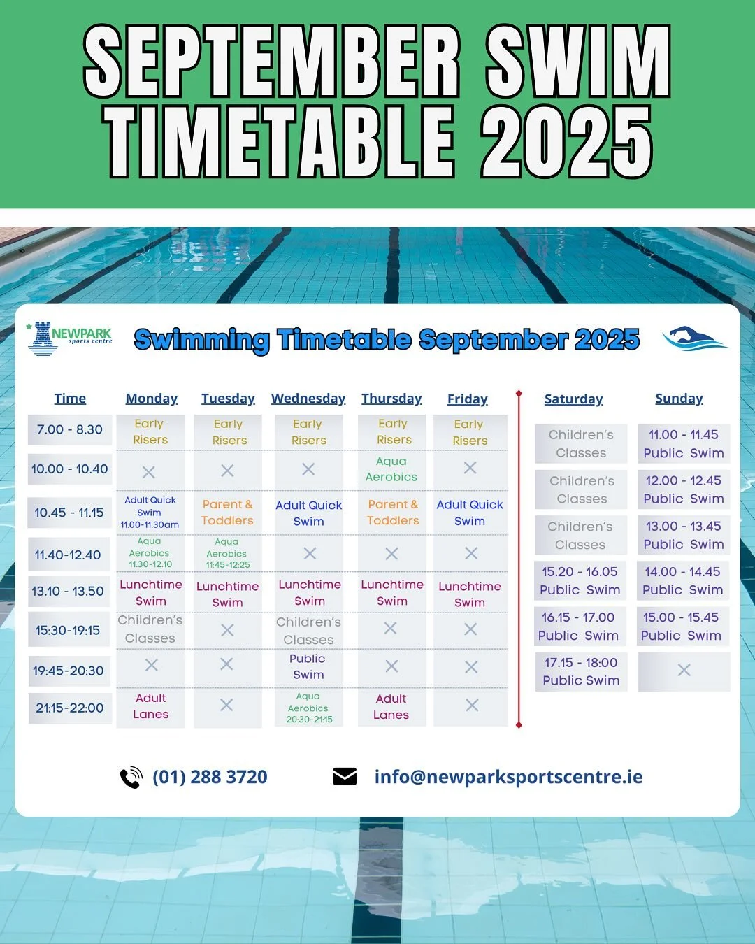 🔊 September timetables are here 🔊

Please take note of changes to both the swimming and fitness timetables as we move towards September. As the school returns next week there will be limitations on gym entry. Please be aware that entry will not be 