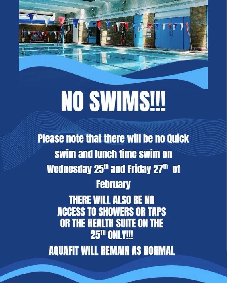 Attention customers, there will be no Quick Swim and Lunch time swim on Wednesday the 25th and Friday the 27th of February.
There will also be no access to showers, taps or the health suite.
Aquafit will remain and the gym also.
Thank you for your un