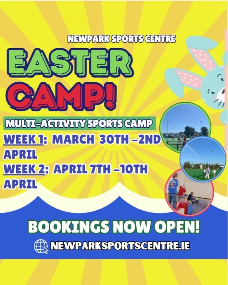 Our Easter camp bookings are now available!

Make sure you book your place to avoid disappointment🥚🐣

Week 1- 30th March- 2nd April.
Week 2- 7th April - 10th April.

Book on our website-
www.newparksportscentre.ie
Pre camp is also available.

#camp