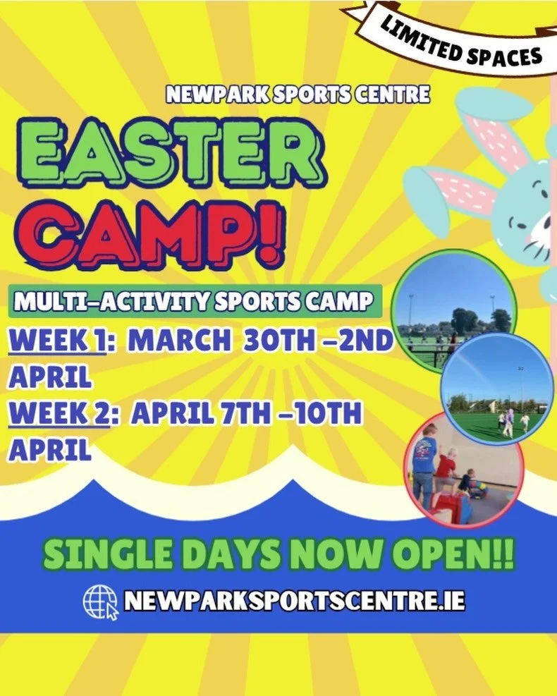 🥚Single Days are now available for our Easter Camp.🥚

Book now on our website to avoid disappointment!!
www.newparksportscentre.ie

#camp#easter#schoolholidays #fun#sportcamp
