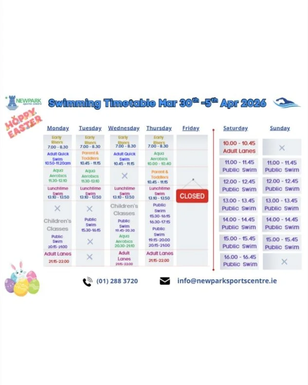 🐰🥚Happy Easter🥚🐰

This is our new timetable for the 2 weeks over Easter. From the 30th of March- 12th of April.

This is also available on the homepage of our website. www.newparksportscentre.ie
#easter#sports#holiday#schoolholidays