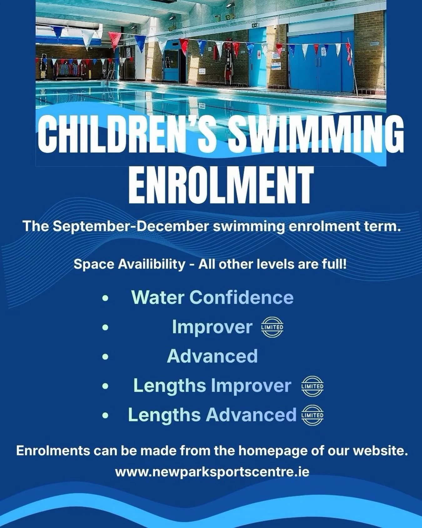 🏊&zwj;♀️ SWIMMING ENROLMENTS ARE COMING! 🏊&zwj;♂️

⚠️ Limited availability across selected swimming levels! ⚠️

Only levels available are:
&bull; Water Confidence
&bull; Improver
&bull; Advanced
&bull; Lengths Advanced

Enrolment opens Wednesday, 1