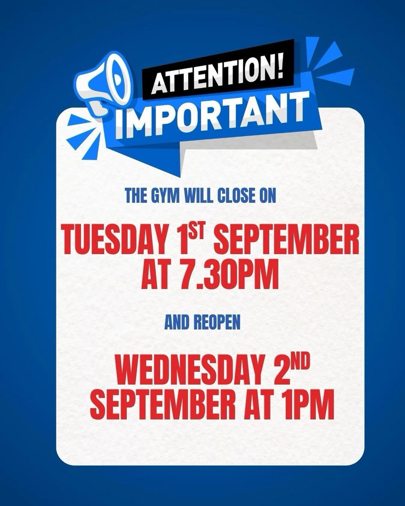 The gym will close on Tuesday the 1st of September at 7.30pm and will re open on Wednesday the 2nd of September.

Apologies for any inconvenience caused.
#gym#fitness#newequipment#workout#upgrade