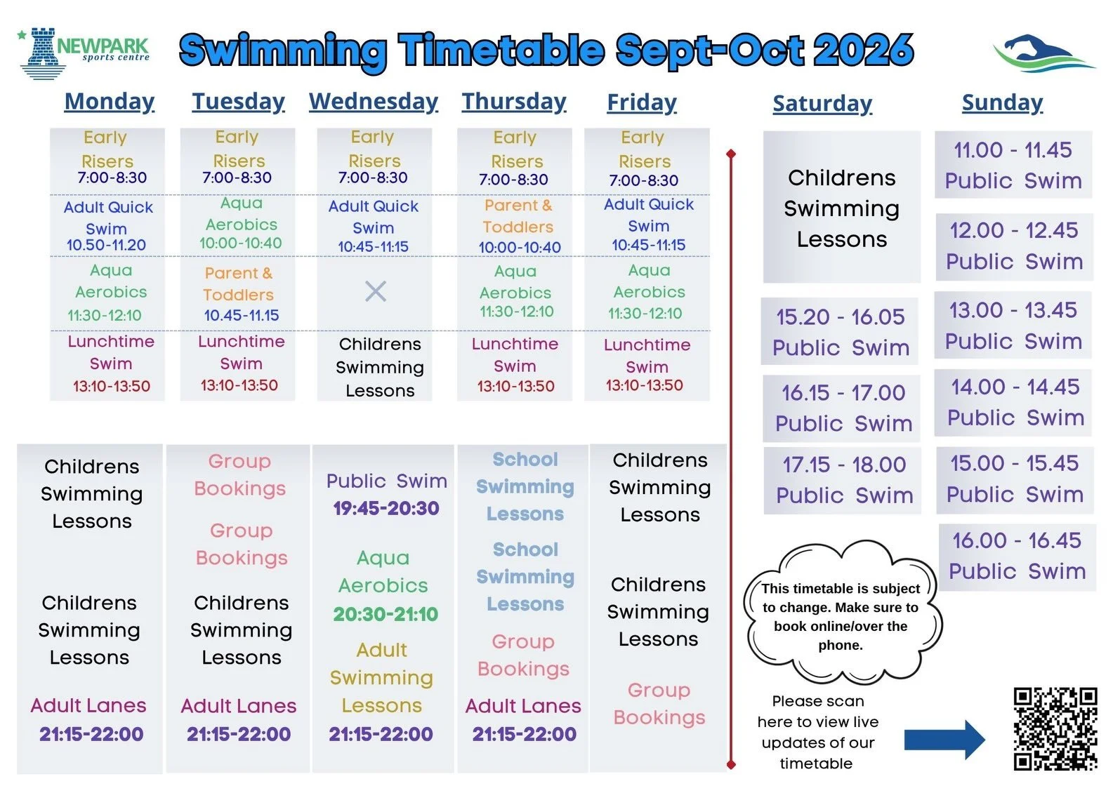 This is our timetable for the months of September and October.

We recommend booking classes and/or swims on our website in advance to avoid disappointment. 
www.newparksportscentre.ie