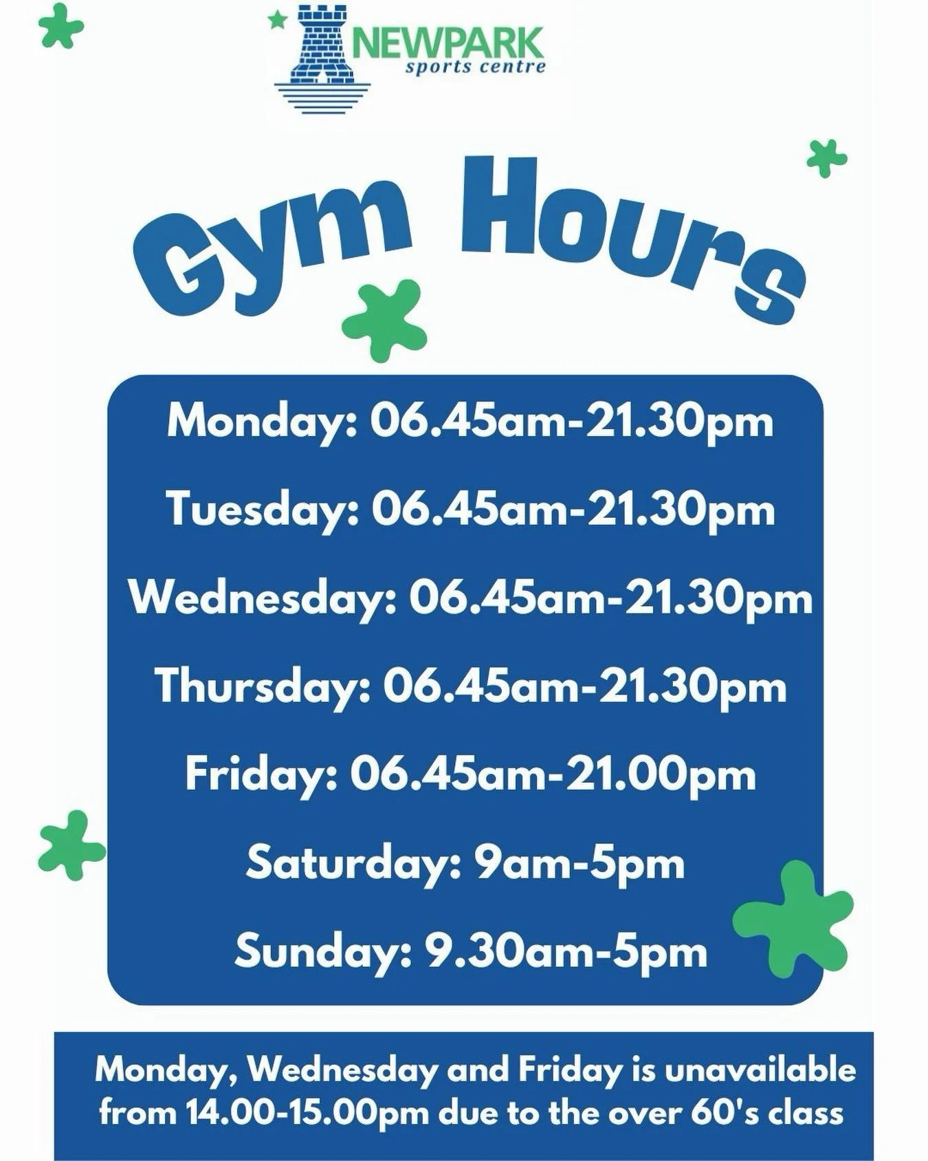 These are the updated times for our gym opening and closing hours.