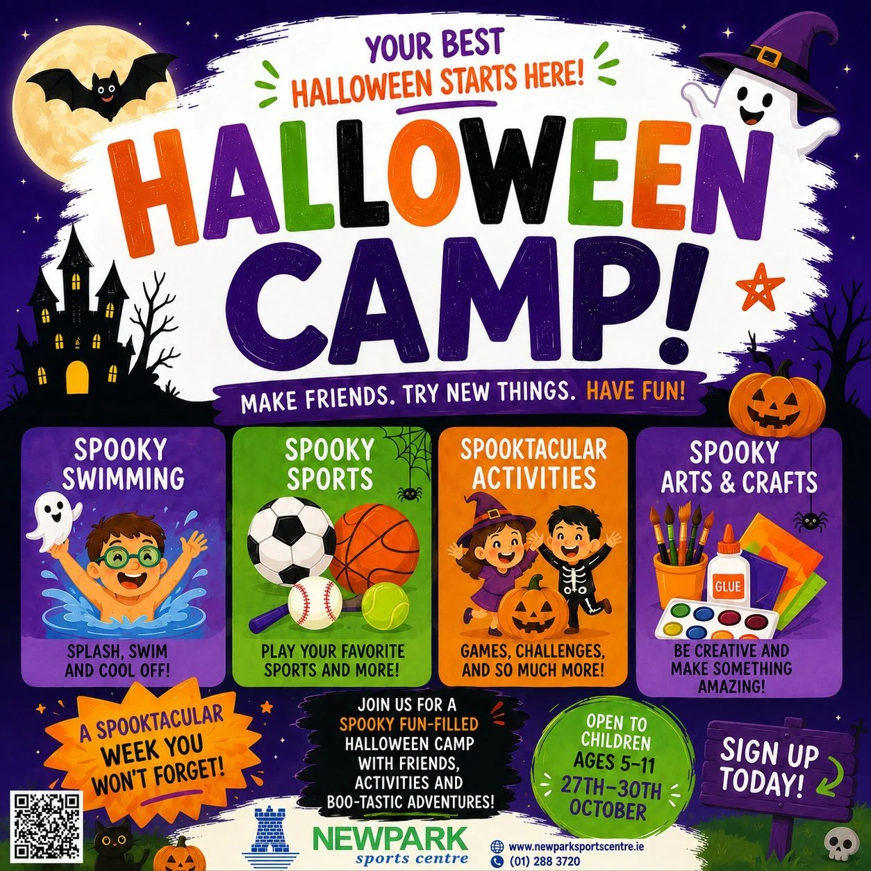 🎃👻 HALLOWEEN CAMP IS BACK! 👻🎃

Get your little monsters ready for a spooktacular time at Newpark Sports Centre! 🧙&zwj;♀️🕷️

Our Halloween Camp is packed with fun, games, activities &amp; plenty of spooky surprises! 🎃👻

27th-30th October

📅 B