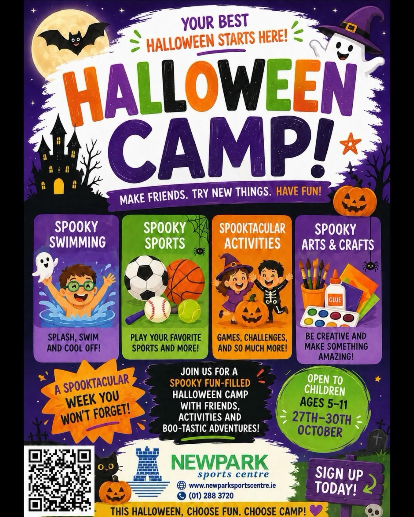 🎃👻 HALLOWEEN CAMP IS BACK! 👻🎃

Get your little monsters ready for a spooktacular time at Newpark Sports Centre! 🧙&zwj;♀️🕷️

Our Halloween Camp is packed with fun, games, activities &amp; plenty of spooky surprises! 🎃👻

📅 Bookings are now OPE