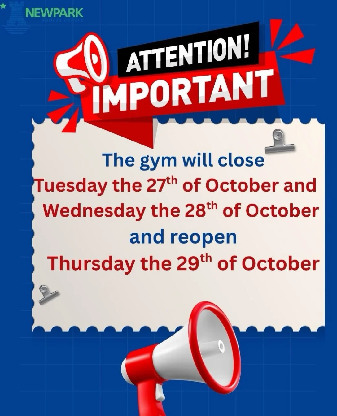 The gym will be closed Tuesday and Wednesday the 27th and 28th of October due to scheduled maintenance. It will re open Thursday the 28th of October.
 Thank you for your understanding.
#gym#fitness#sports
