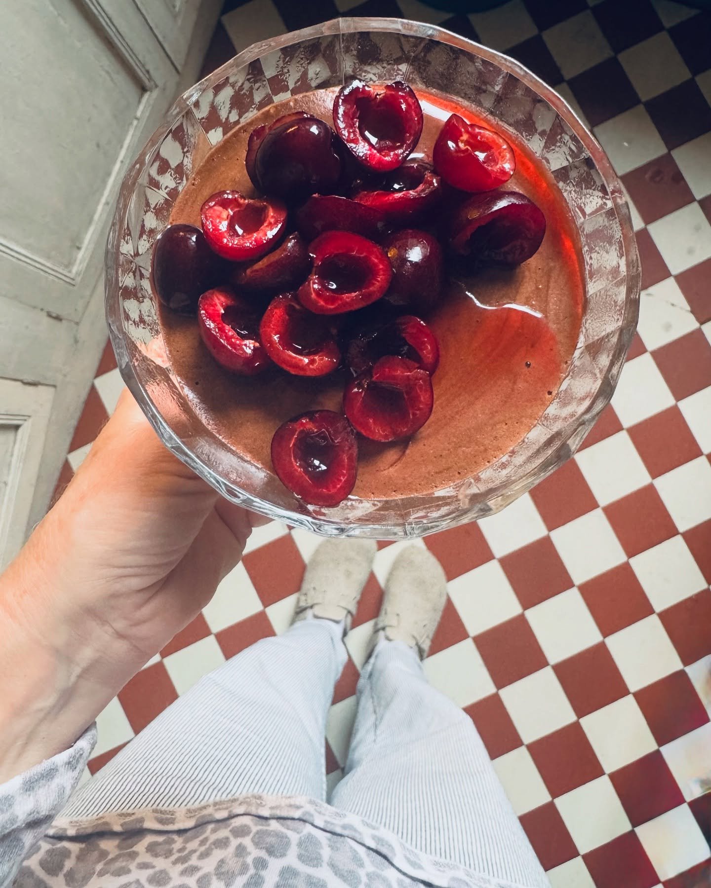 CHOCOLATE mousse topped with market cherries 🍒 soaked with 🍓@briottetliqueur 🍫

#emilyscottfood #timeandtide #acookandherkitchen #seaandshore #timeandtide
#homeshores