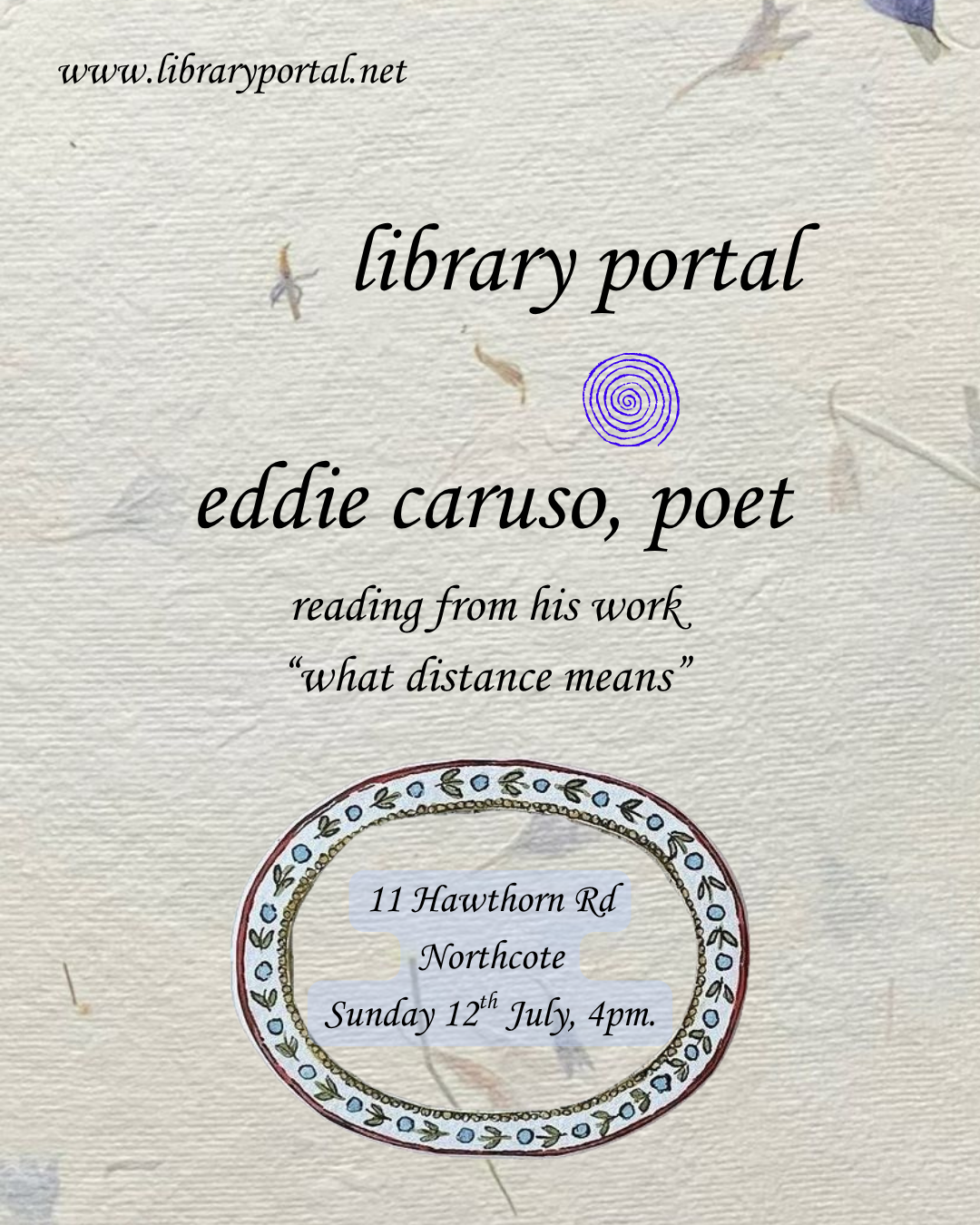 Sunday afternoon poetry reading, Eddie Caruso, What Distance Means