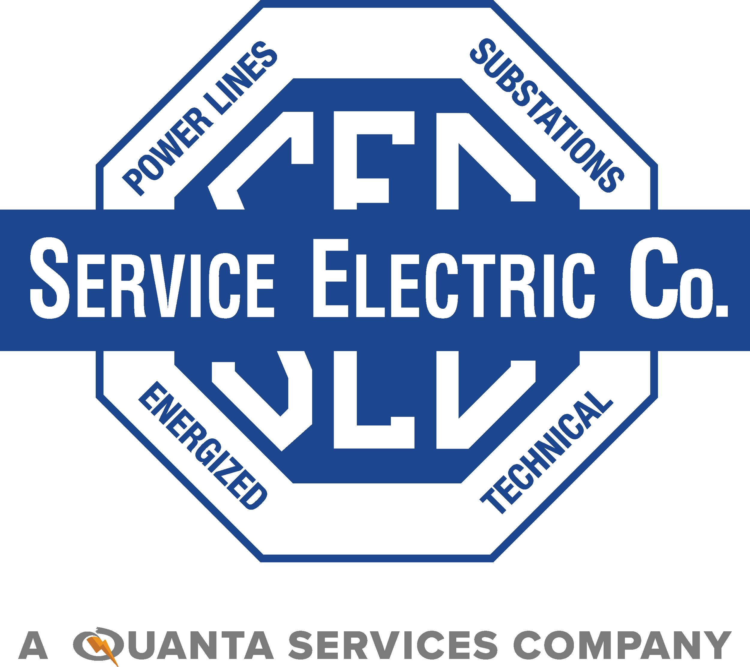 Logo of Service Electric Co. with text in a blue and white octagonal emblem, including the words Power Lines, Substations, Energized, Technical, and a banner reading A Quanta Services Company.