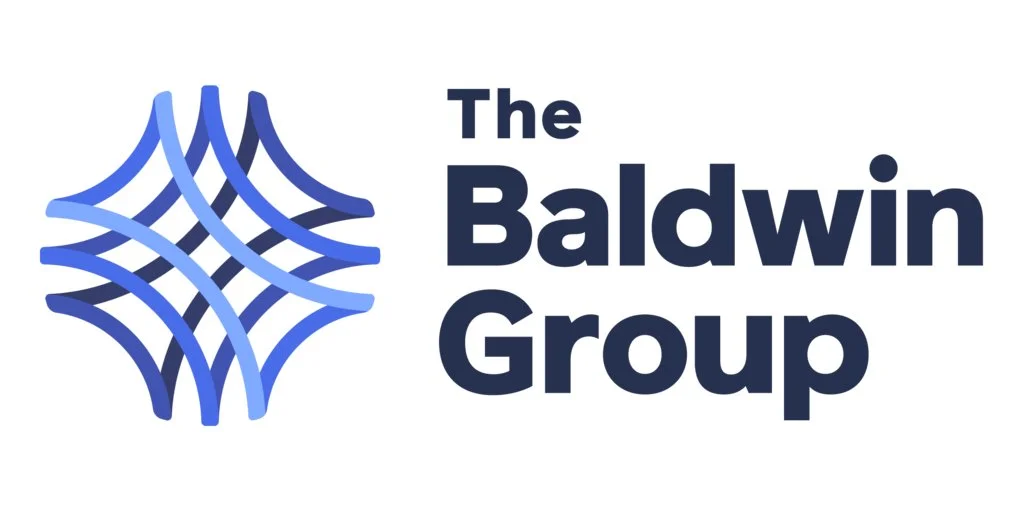 Logo for The Baldwin Group featuring a geometric blue pattern and the company's name in bold text.