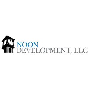 Logo of NOON Development, LLC featuring a black clock tower and blue and gray text.
