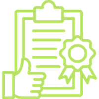 Outline of a hand giving a thumbs-up holding a clipboard with a checklist and a ribbon indicating certification or approval.