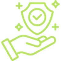 Outline of a hand holding a shield with a checkmark, surrounded by small decorative shapes, representing protection or security.