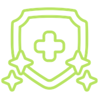 Neon outline of a medical shield with a cross in the center and two stars on either side.