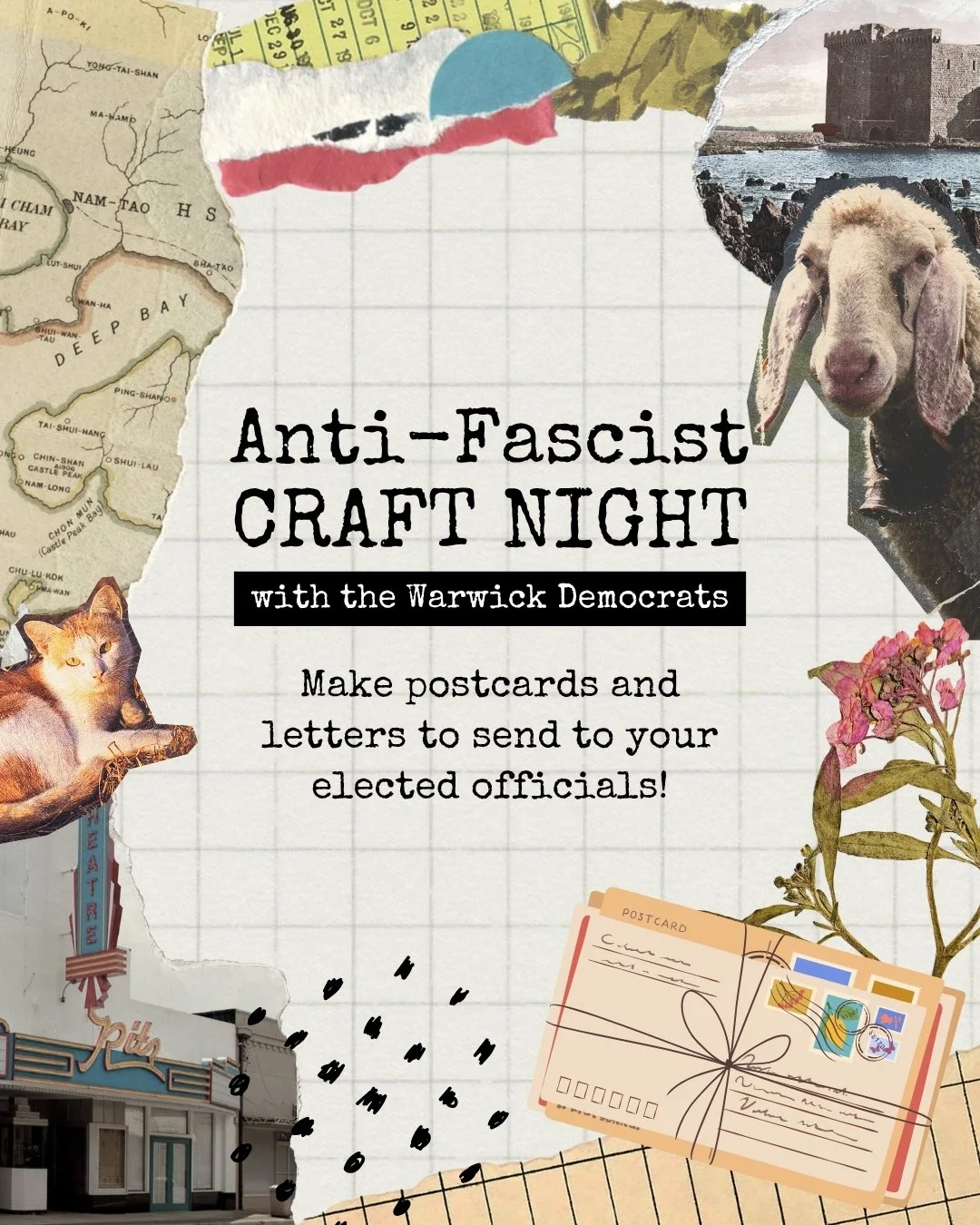 We love democracy. We love crafts. We love snacks. And we love yelling at politicians through glitter and glue.

You too? Join us for Anti-Fascist Craft Night in Lititz&mdash;a low-key hang where we cut up cereal boxes and old magazines, make wild co