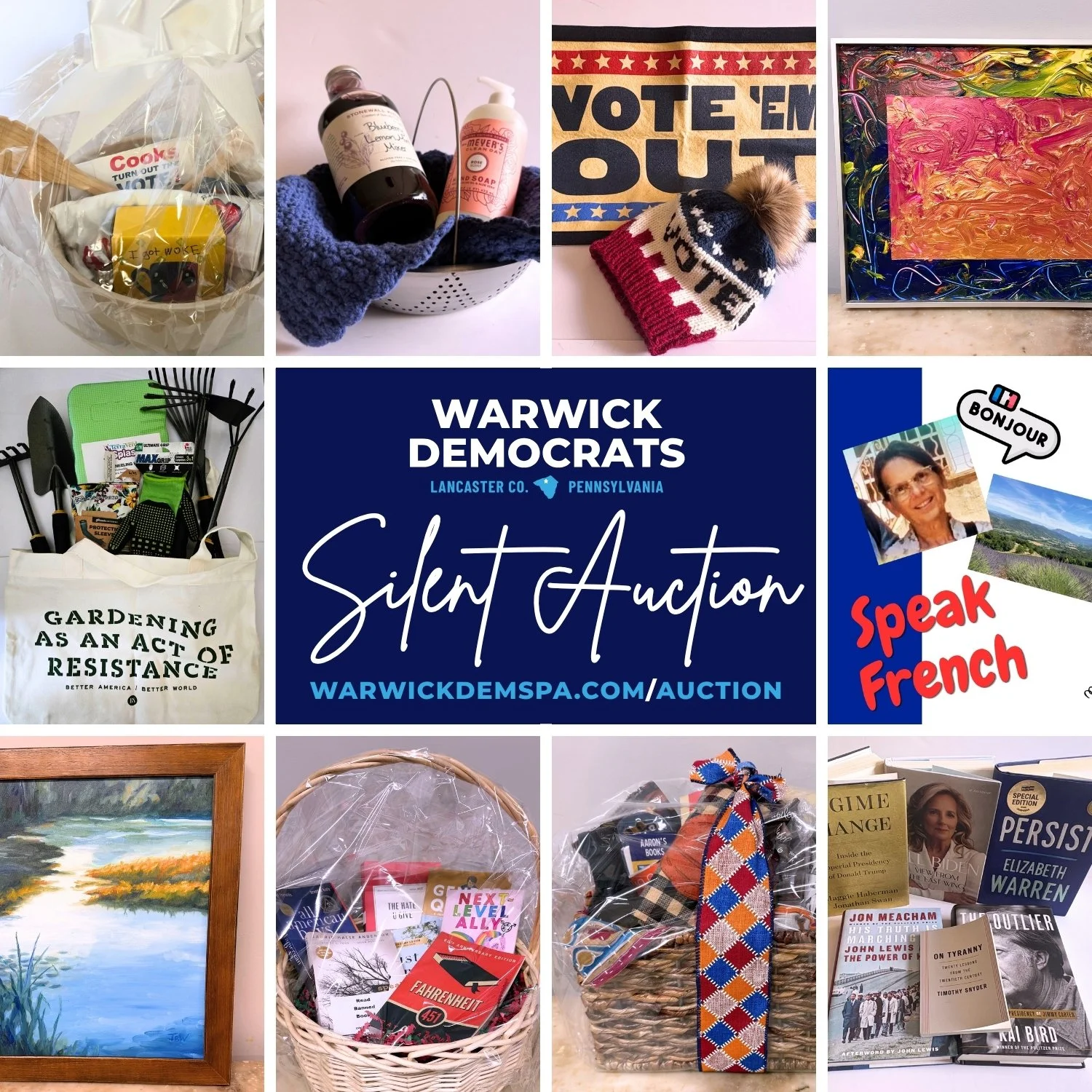 Bid now, win big, support Warwick Democrats 🎁

Our Silent Auction is live! Local gift baskets, signed original artwork, handmade items, banned and signed books, tubing tickets, French conversation, and more &mdash; all up for grabs.

👉 Browse and b
