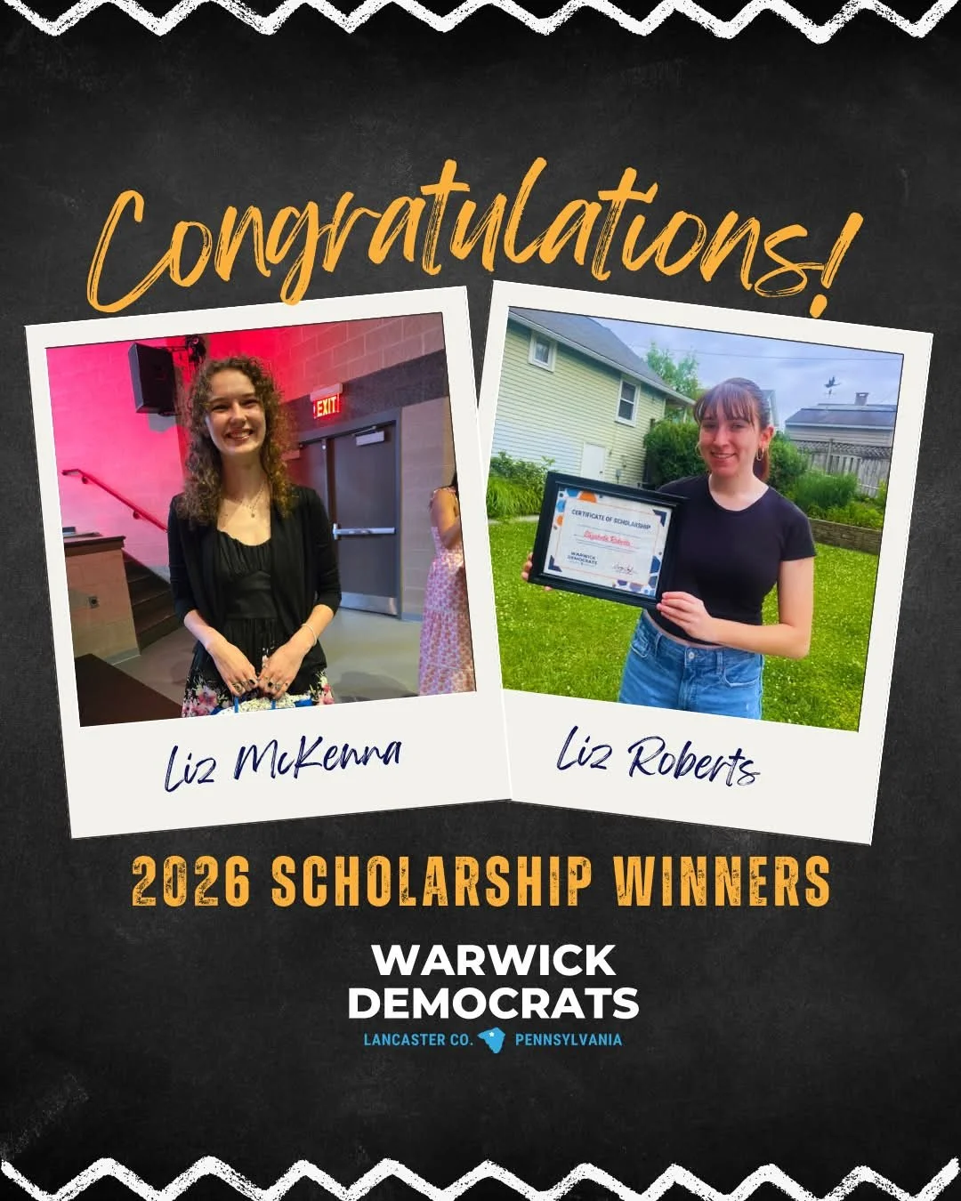 It's a Liz &amp; Liz double feature! Congratulations to our 2026 Warwick Democrats Scholarship winners, Liz McKenna and Liz Roberts! 🎉

Investing in tomorrow starts with the leaders we back today. This scholarship is our way of recognizing and inves