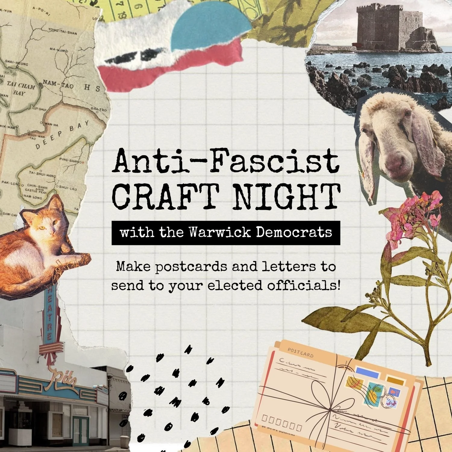 We love democracy. We love crafts. And we love coming together as a community to make our voices HEARD! 📢

You too? Join us for Anti-Fascist Craft Night in Lititz &mdash; a low-key hang where we get crafty and  create! Create collage postcards to se