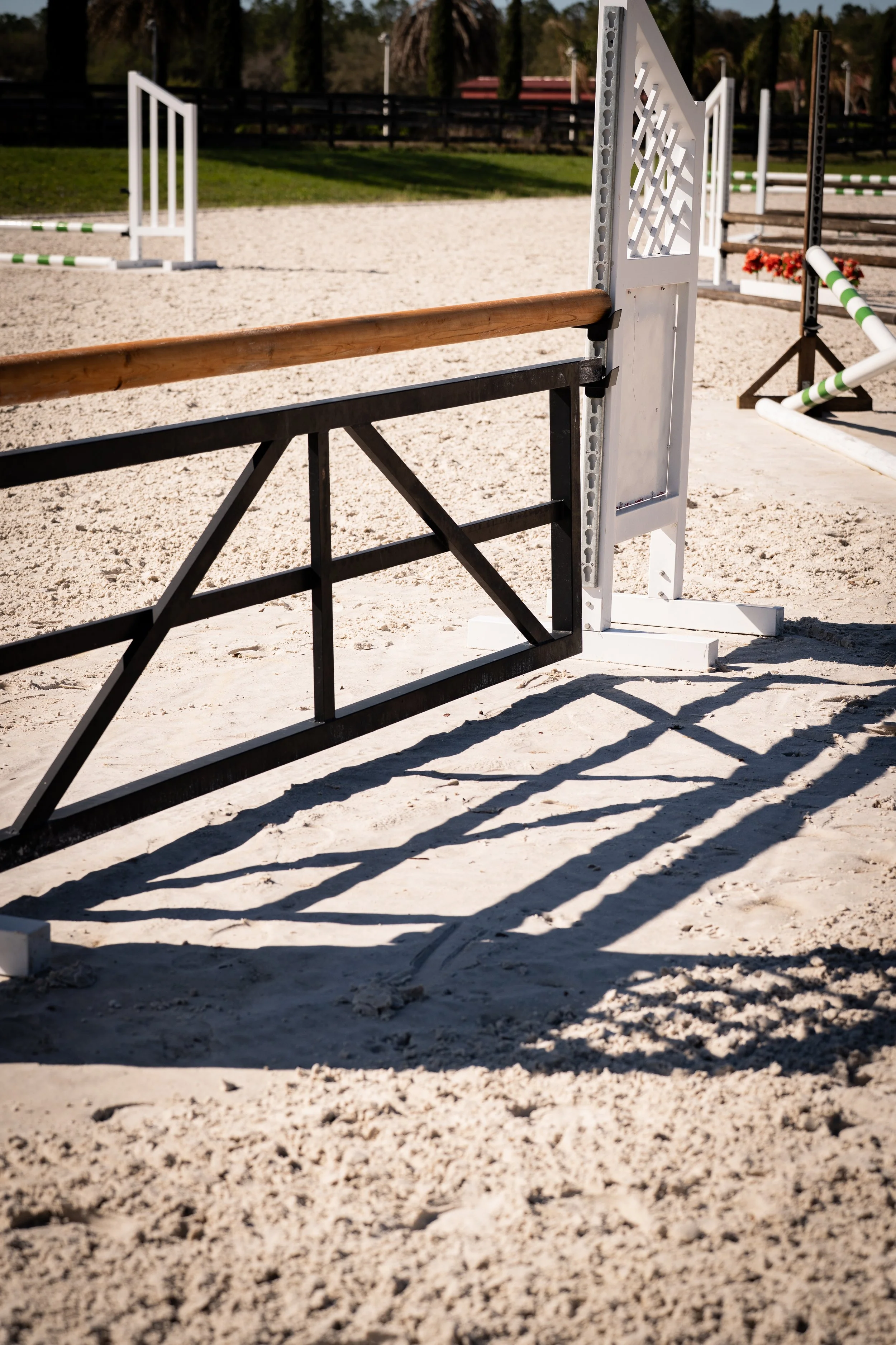 Show jumping obstacles on a sandy arena, including a black and white fence with a wooden rail.