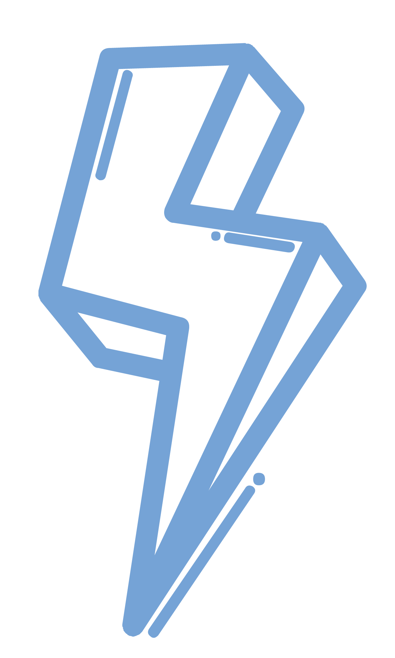 Outline drawing of a blue lightning bolt against a black background.