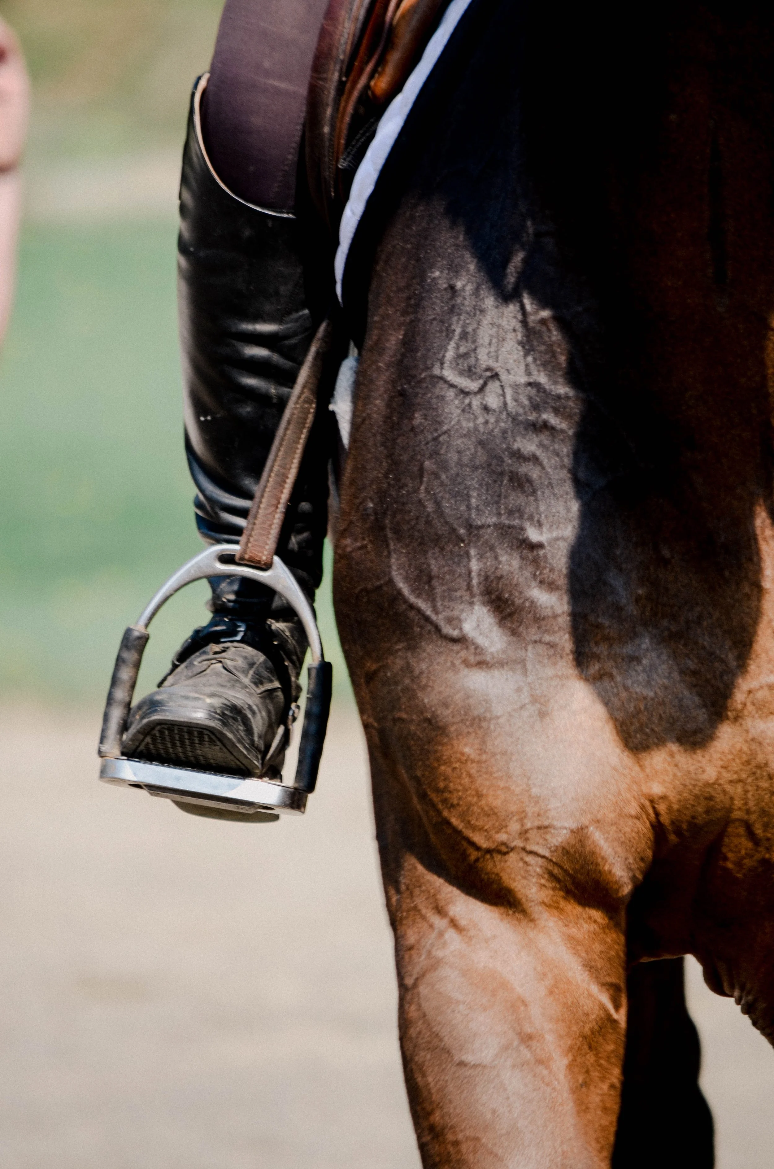 Close-up of a person riding a brown horse, showing the person's leg, boot, and saddle.