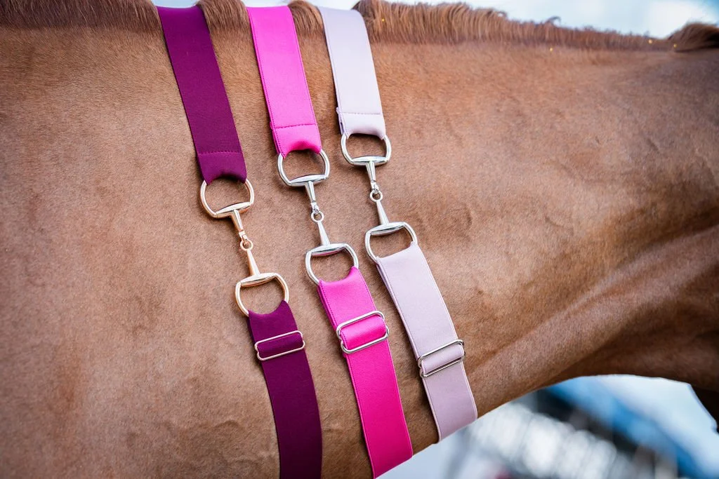 Close-up of a horse's side with three colorful halters in purple, pink, and light gray attached.