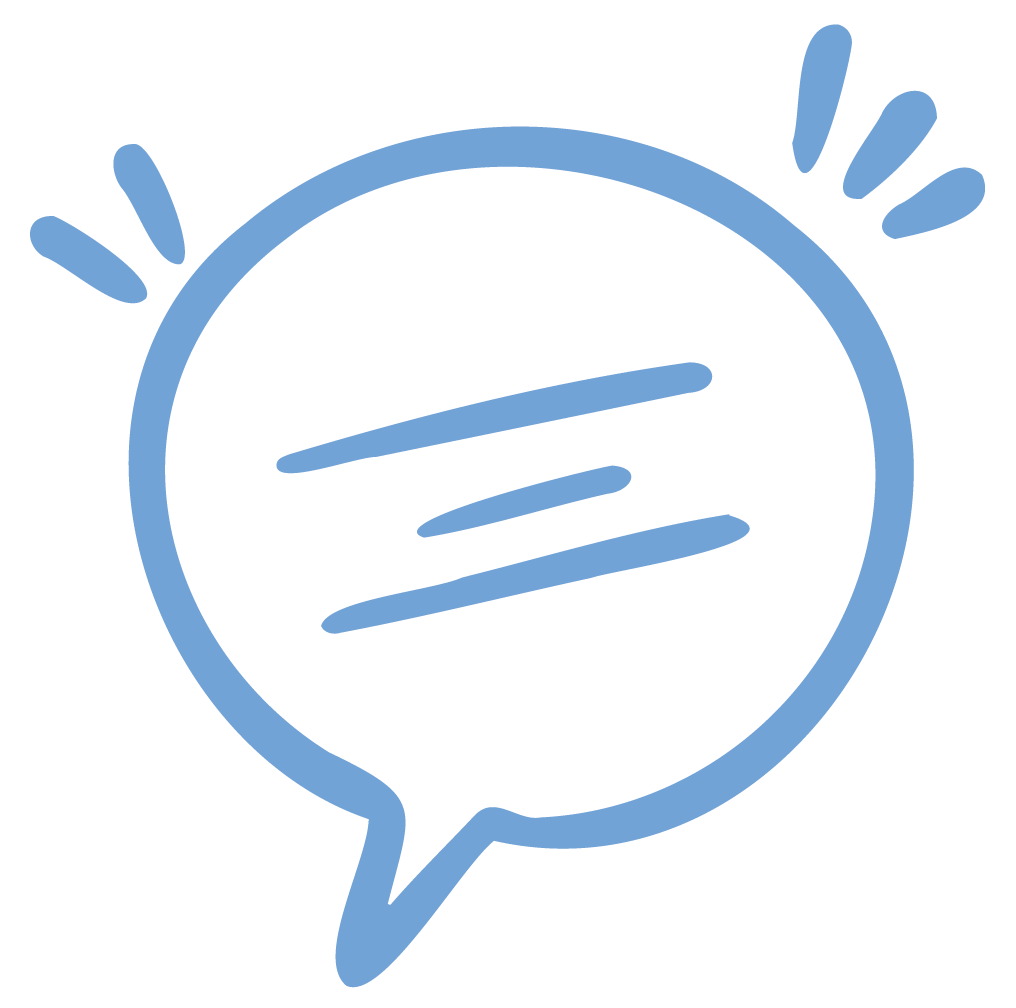 Blue digital chat bubble with three horizontal lines inside and four curved lines on top, indicating conversation or speech.