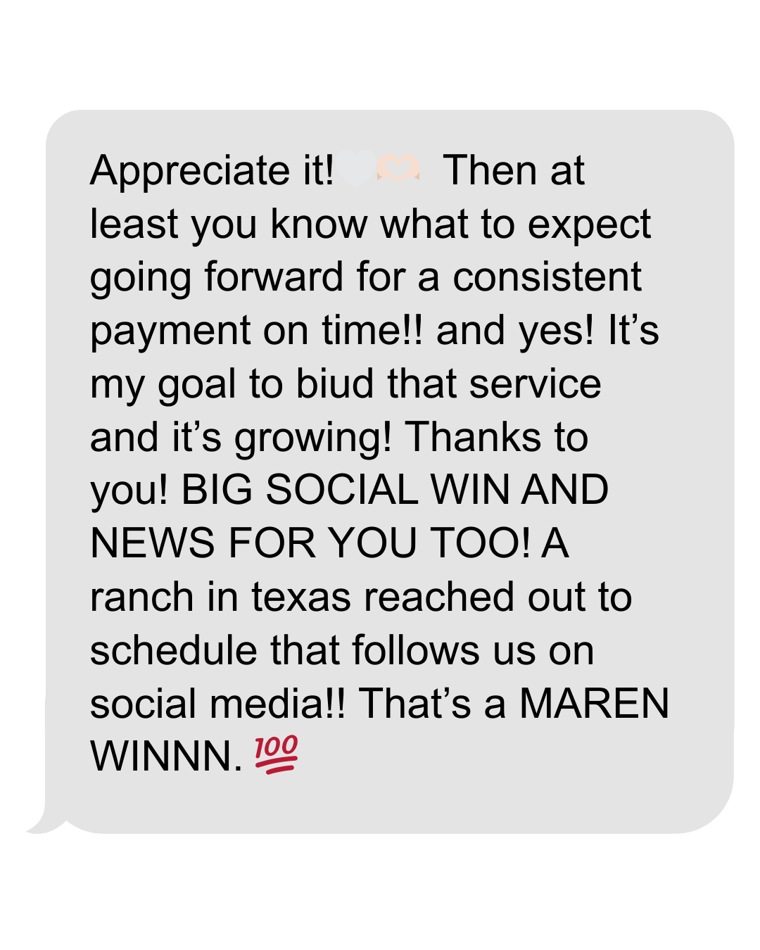 Screenshot of a text message promoting social media and payment services, emphasizing the importance of appreciation, consistent payments, and growth, with hashtags and emojis.