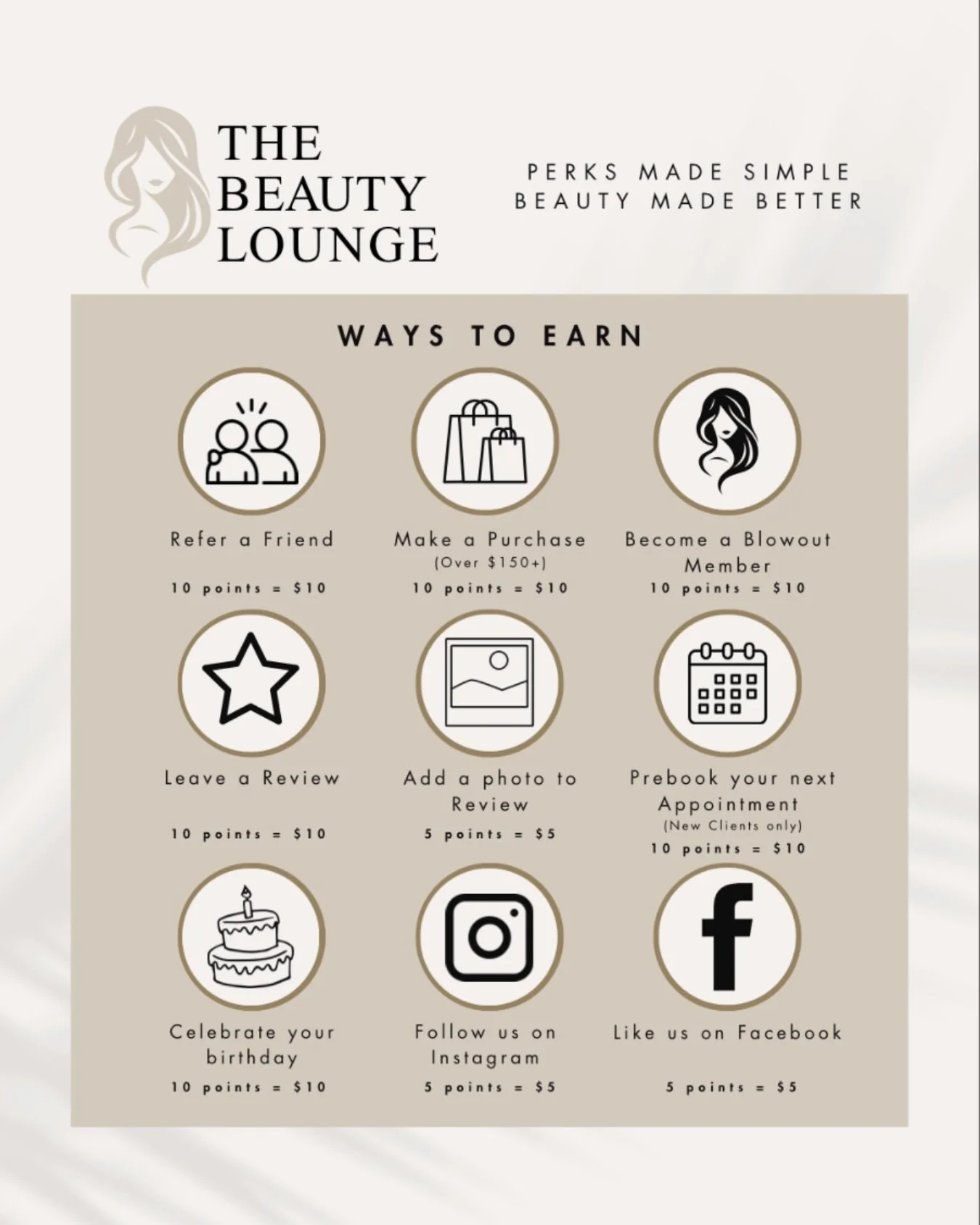 You deserve to be rewarded for keeping us glowing! ✨
Our new Points System is officially LIVE &mdash; earn points for appointments, products, reviews, referrals &amp; more.
Stack them up and treat yourself to the Beauty Lounge perks you love. 💛
