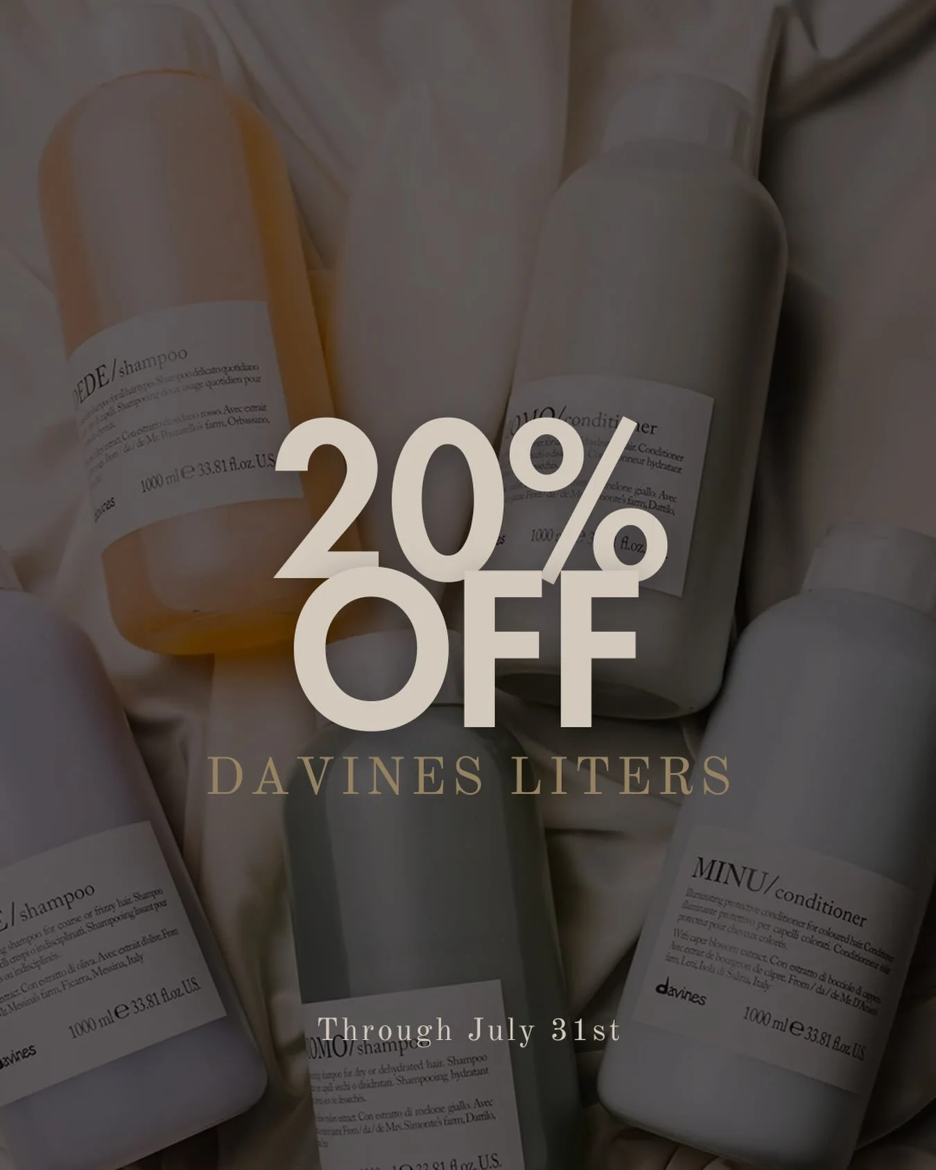 Friendly Reminder! ✨

Our Davines Annual Liter Sale is still going on&mdash;but not for much longer!

Now through July 31st, enjoy:
- 20% OFF all Davines shampoo &amp; conditioner liters
- FREE pump with every liter purchased

If you&rsquo;ve been wa