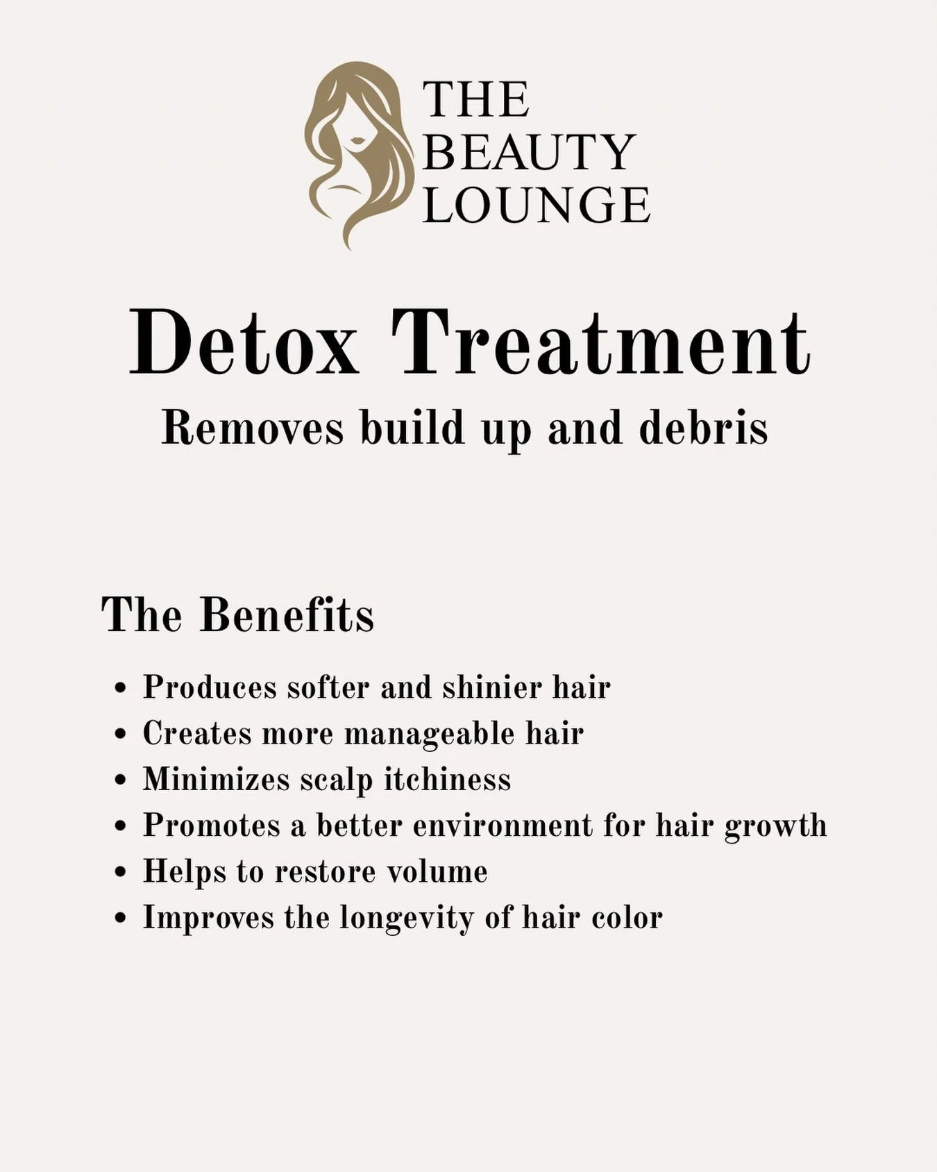 ✨ Give your hair the fresh start it deserves! ✨

A detox treatment helps remove product buildup, hard water minerals, and impurities that can leave your hair feeling dull and weighed down. The result? Hair that feels lighter, looks shinier, and is re