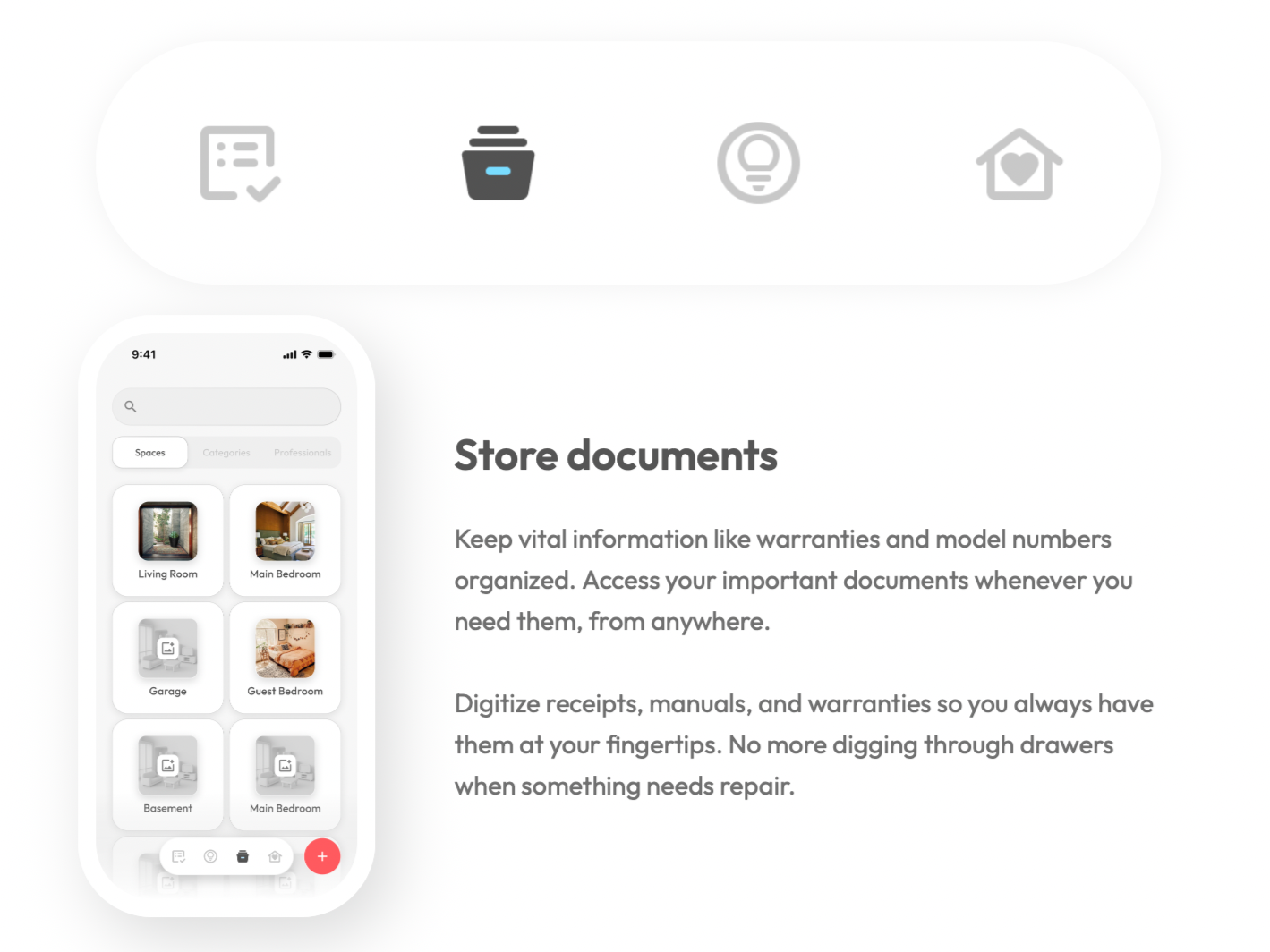 Screenshot from Domis app displaying document and information storage locations like living room, main bedroom, garage, guest bedroom, basement, and main bedroom, along with a description about storing important documents