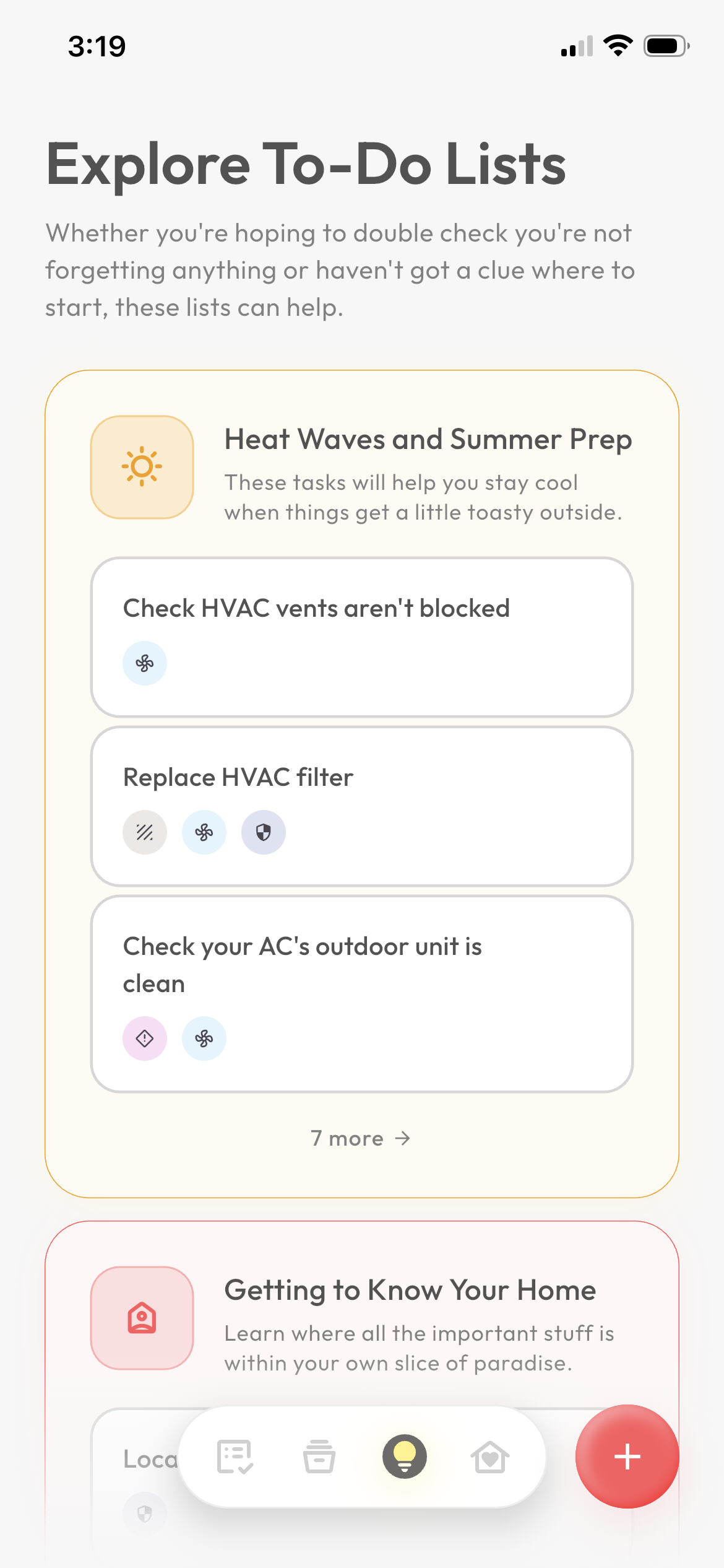 Domis app screen displaying a list of to-do lists under 'Explore To-Do Lists', including tasks like 'Check HVAC vents aren't blocked' and 'Replace HVAC filter', with a navigation bar at the bottom and a large red plus button.